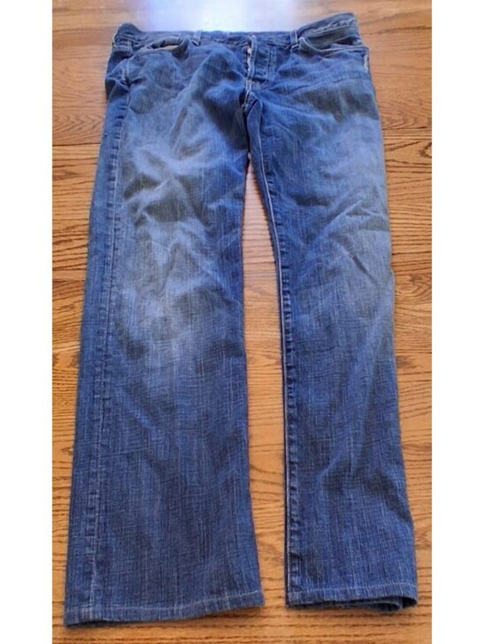 7 For All Mankind Blue Denim Wide Leg, Distressed, Button Fly Jeans Size 38x34